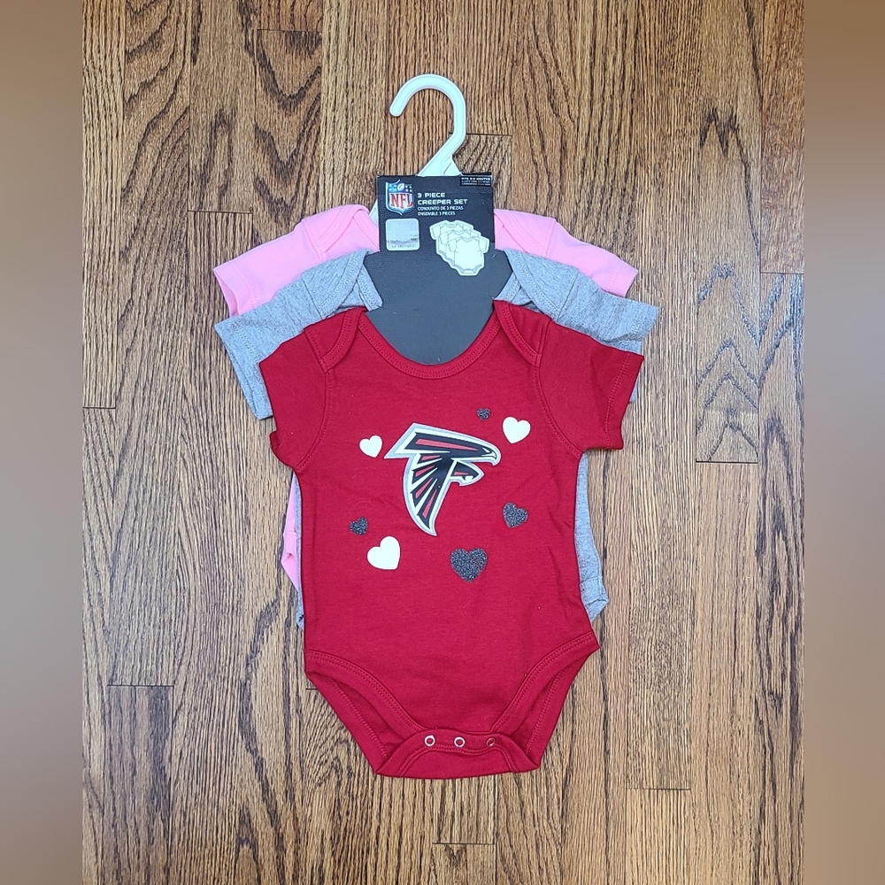 NFL Falcons Baby Bodysuit 3-Piece Creeper Set 0/3M, 6/9M Red Pink Infant Girls